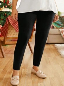 大码纯色常规腰围打底裤，女士大码弹力柔软瑜伽裤，休闲运动裤 - 黑色 - 查看 2