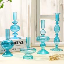 5 Pieces Glass Candlestick Holders Colored Glass Taper Candle Holder Candlestick Wedding Glass Candle Stick Stand Glass Vase Decor For Wedding Home Party Table Centerpiece Decoration(Lake Blue) - 藍色 - 查看 1