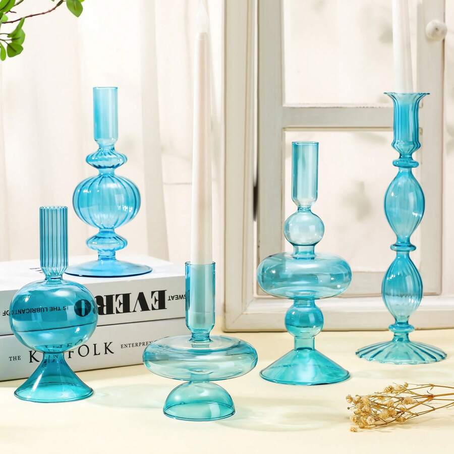 5 Pieces Glass Candlestick Holders Colored Glass Taper Candle Holder Candlestick Wedding Glass Candle Stick Stand Glass Vase Decor For Wedding Home Party Table Centerpiece Decoration(Lake Blue) - 藍色 - 查看 1