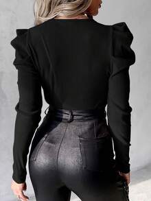 ChicMe Puff Sleeve Beaded Fitted U-Neck Ribbed Top, Sweet And Elegant For Daily Wear - Black - View 2