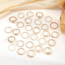 28 件/套 Y2K 风格锌合金女士戒指，几何线条、波浪、心形、水晶和人造珍珠组合叠戴戒指，私密珠宝礼品套装 - 金色 - 查看 6