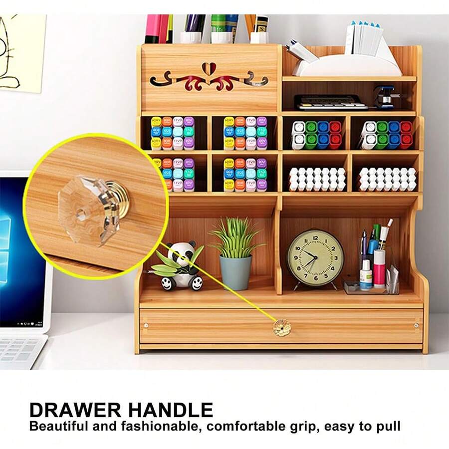 1 Set Easy To Assemble Wooden Desk Organizer, Pen Holder Storage Box
