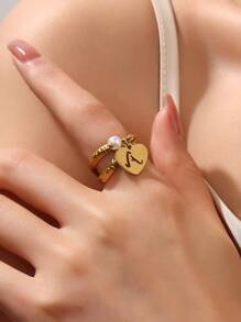 1 件装不锈钢字母戒指女式时尚简约心形首字母珍珠吊坠戒指金色开口戒指珠宝 - 戒指 - 查看 2