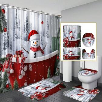 1pc/4pcs Christmas Snowman Bathroom Curtain Set, Including Shower Curtain, Bath Mat, Toilet Lid Cover, Hooks. 70.8"X 70.8" Christmas Bathroom Decoration, Winter Home Decor, Christmas Gift Fall Decor Bathroom Accessories Back To School