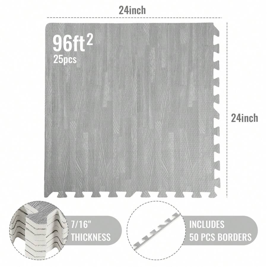 Wood Grain Floor Foam Mats With Border, Wood Printed Interlocking Foam