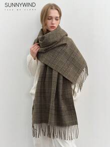 1 件双面厚款小千鸟格图案围巾披肩，高品质，适合秋冬季 - 棕色 - 查看 7