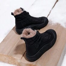 【尺码偏小一码】女士厚底雪地靴，新款冬季保暖加厚防水平底踝靴，黑色 - 黑色 - 查看 2