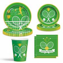 套装/80 件网球运动主题一次性派对餐具套装，包括 9 英寸/7 英寸一次性纸盘、冷饮杯，非常适合生日派对、户外野餐 - 彩色 - 查看 1