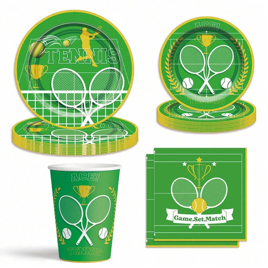套装/80 件网球运动主题一次性派对餐具套装，包括 9 英寸/7 英寸一次性纸盘、冷饮杯，非常适合生日派对、户外野餐 - 彩色 - 查看 1