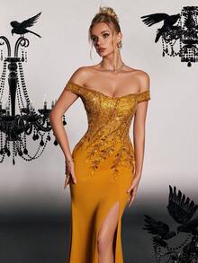 VIPGIRL Vestido de noche con cuentas, cuello barco, mangas cortas y abertura alta, para mujer. Vestidos de fiesta elegantes para graduación, cena, boda como invitada - Amarillo - Ver 8