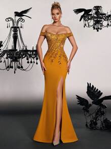 VIPGIRL Vestido de noche con cuentas, cuello barco, mangas cortas y abertura alta, para mujer. Vestidos de fiesta elegantes para graduación, cena, boda como invitada - Amarillo - Ver 1