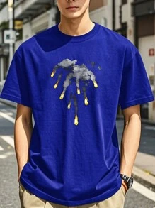 Hombres Casual Verano Firework Flame Print Loose T-Shirt - Azul - Ver 1