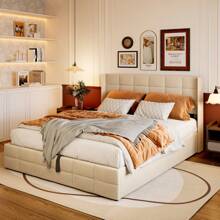 Full Queen Lift Up Storage Bed Frame, Room Decoration Stuff Upholstered Platform Bed Frame With Large Hydraulic Storage Space And Headboard - 米色 - 查看 2