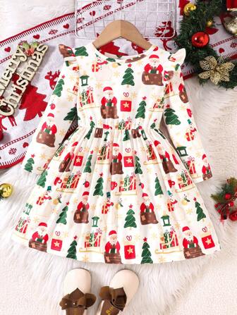 Young Girls Christmas Elements Cap Sleeve Long Sleeve Print Dress, Autumn/Winter