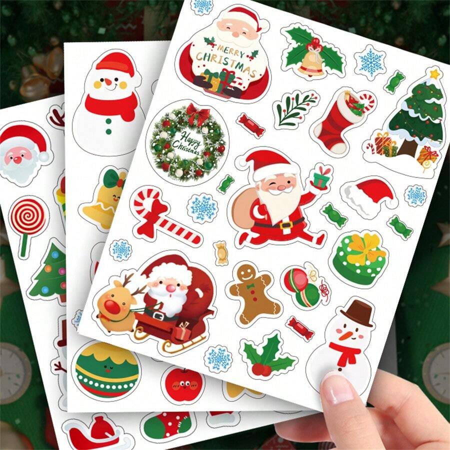 Bộ 10 miếng dán Giáng sinh - Ông già Noel hoạt hình & Các yếu tố lễ hội, Dùng làm quà tặng và đồ thủ công DIY, Miếng dán giấy không dính, Dùng một lần, Trang trí bằng pha lê, Hoàn thiện mờ, Thích hợp cho bề mặt nhựa - Dùng cho máy tính xách tay, điện thoại, xe máy, bình nước - Nhiều màu - Xem 1