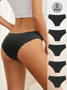 Bộ 5 chiếc quần lót bikini màu trơn gợi cảm, không đường may, viền bèo nhún, thoáng khí, co giãn, thích hợp mặc hàng ngày cho nữ, món đồ lót thiết yếu dành cho phái nữ. - màu đen - Xem 1