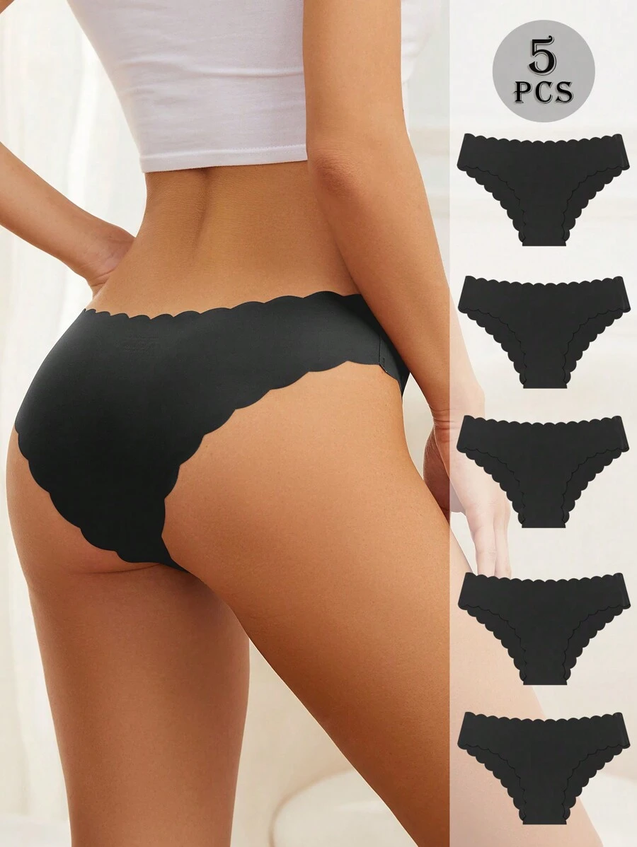 Bộ 5 chiếc quần lót bikini màu trơn gợi cảm, không đường may, viền bèo nhún, thoáng khí, co giãn, thích hợp mặc hàng ngày cho nữ, món đồ lót thiết yếu dành cho phái nữ. - màu đen - Xem 1