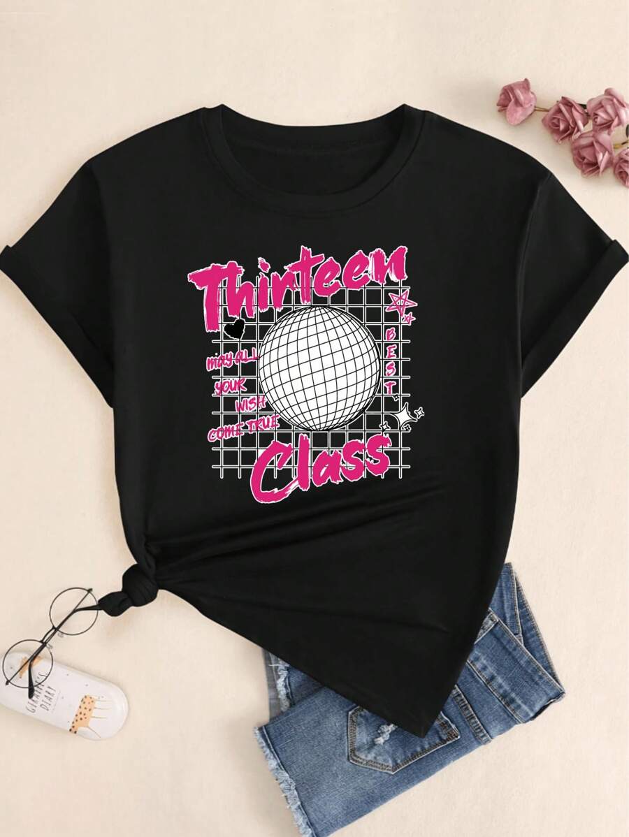 Thirteen Class Printed T-Shirt Babylook Casual Women's T-Shirt - 黑色 - 查看 1
