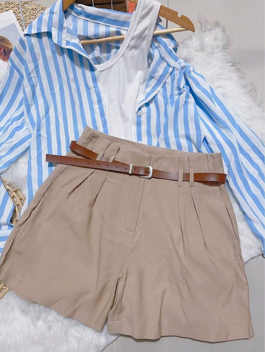 Women's Plain Marrant Shorts With Belt - Khaki - View 1