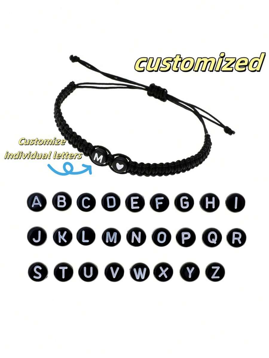 可定制英文字母手链，26个字母编织手链，简约个性化，心形字母编织友谊/情侣手链 - 黑色 - 查看 1