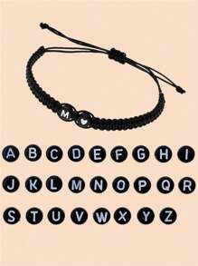 可定制英文字母手链，26个字母编织手链，简约个性化，心形字母编织友谊/情侣手链 - 黑色 - 查看 4