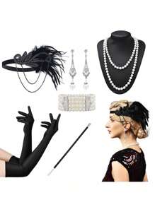 D EXCEED 6 件 20 世纪 20 年代女式飞来波女郎了不起的盖茨比配饰套装咆哮的 20 年代主题复古时尚派对查尔斯顿化装舞会万圣节装饰礼物化妆舞会角色扮演带人造羽毛头带舞会 - 多色 - 查看 71