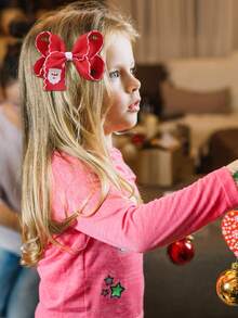 2 件/6 件圣诞纯色蝴蝶结发夹，适合女孩，布艺姜饼人圣诞老人鹿刺绣儿童发饰，适合幼儿的可爱发饰派对礼物 - 彩色 - 查看 5