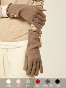 1 双新款复古纽扣点缀针织保暖手套，羊毛混纺触摸屏，适合女性，秋冬季 - 彩色 - 查看 18