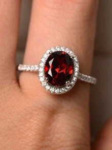 1pc Elegant Oval-Cut Ruby Red Shiny Rhinestone Promise Ring, Jewelry Gift For Bride Wedding Anniversary Party Decoration