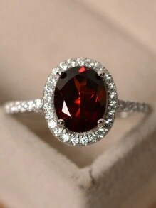 1pc Elegant Oval-Cut Ruby Red Shiny Rhinestone Promise Ring, Jewelry Gift For Bride Wedding Anniversary Party Decoration