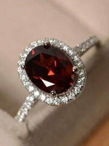1pc Elegant Oval-Cut Ruby Red Shiny Rhinestone Promise Ring, Jewelry Gift For Bride Wedding Anniversary Party Decoration