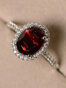 1pc Elegant Oval-Cut Ruby Red Shiny Rhinestone Promise Ring, Jewelry Gift For Bride Wedding Anniversary Party Decoration