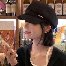 1 pieza Boina negra, gorra versátil para otoño/primavera para mujer, circunferencia de cabeza grande, estilo de pintor de cara pequeña