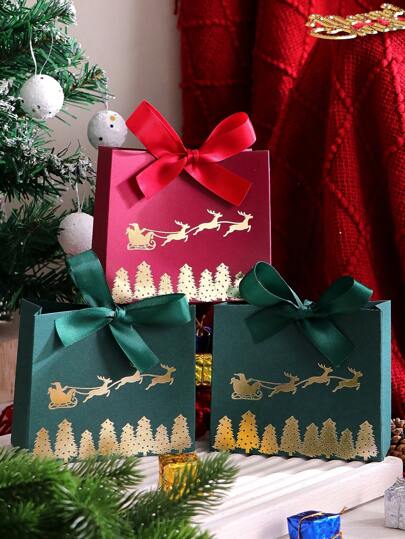 Pack Of 10 Christmas Reindeer Gift Boxes With Ribbons, Mini Treat Boxes For Holiday Party Favors, Cute Christmas Design, Ideal For Wrapping Chocolates, Candies And Small Gifts, Ideal Paper Gift Bags For Christmas Decorations And Stocking Fillers Thing