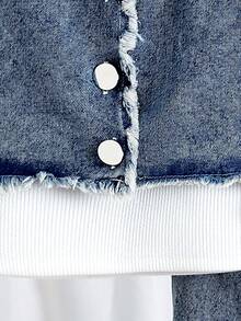 Bộ 3 áo thun dài tay cổ tròn cổ điển cho bé gái, áo vest tua rua denim và quần dài, mùa xuân thu - Màu xanh lam - Xem 3