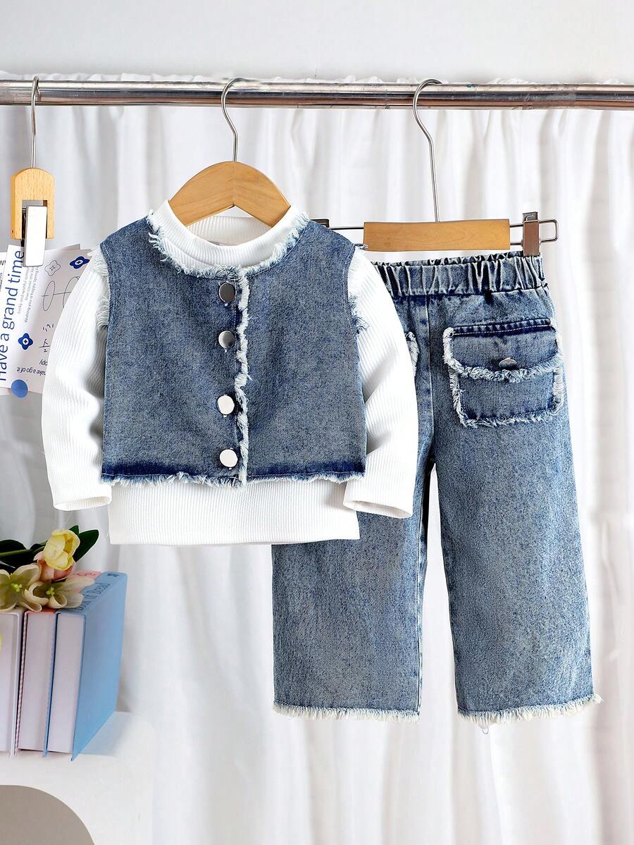 Bộ 3 áo thun dài tay cổ tròn cổ điển cho bé gái, áo vest tua rua denim và quần dài, mùa xuân thu - Màu xanh lam - Xem 1