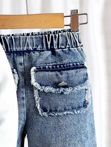 Bộ 3 áo thun dài tay cổ tròn cổ điển cho bé gái, áo vest tua rua denim và quần dài, mùa xuân thu - Màu xanh lam - Xem 5