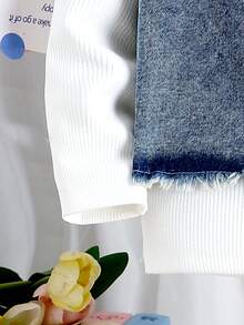 Bộ 3 áo thun dài tay cổ tròn cổ điển cho bé gái, áo vest tua rua denim và quần dài, mùa xuân thu - Màu xanh lam - Xem 4