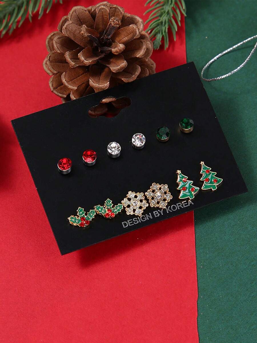 Bộ 12 bông tai Giáng sinh Châu Âu & Mỹ, Cây thông Noel màu đỏ, trắng và xanh lá cây, Bộ bông tai bông tuyết, Quà tặng năm mới - Bông tai đính kim cương Giáng sinh - Xem 1