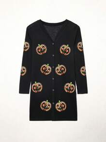 Sequined Halloween Grimace Graphic Button Front Long Sleeve V Neck Cardigan - Black - View 3