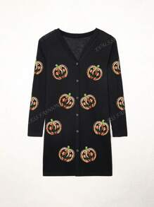 Cardigan à manches longues, col en V, boutonnage devant avec motif grimace Halloween pailleté