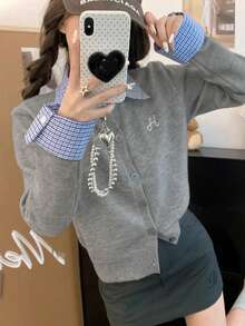 女款格子领长袖宽松开衫毛衣，休闲百搭，秋冬 - 灰色 - 查看 6