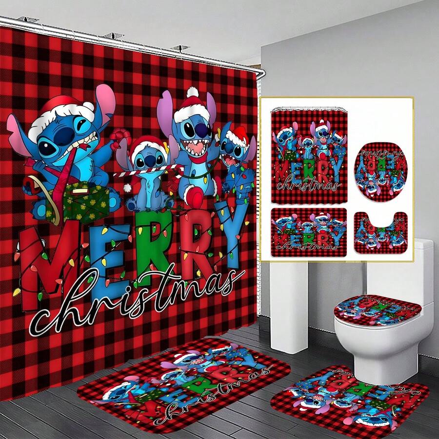 1pc/4pcs Disney Christmas Bathroom Set, Stitch Pattern Waterproof