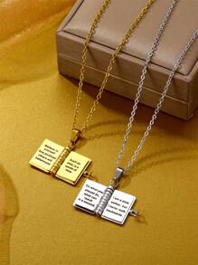 Customized Stainless Steel Couple's Book Pendant Necklace, Multi-Page Book Necklace, Customized Heart Shape Text Sweater Necklace For Women - Silver - View 7