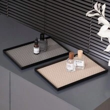 1pc Rectangular Leather Tray For Jewelry, Cosmetics, Decor, Lightweight Luxurious Iron Tray Organizer, Available In Brown And Beige - Multicolor - View 3