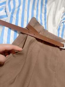 Women's Plain Marrant Shorts With Belt - Coffee Brown - View 4