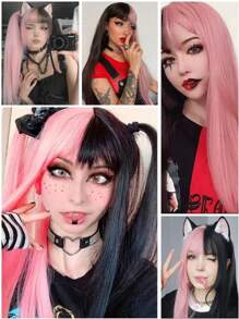 合成头发 26 英寸长直发半粉半黑角色扮演假发，带刘海，双色渐变色，女士假发，带平刘海，适合角色扮演日常派对使用，耐热纤维发，学校万圣节感恩节圣诞节新年狂欢节音乐节假发，高密度假发