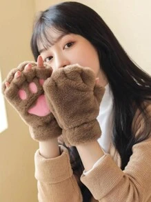 1 Pair Of Cute Cat Claw Fingerless Gloves, Thick, Warm, And Cold Resistant Plush Gloves, Suitable For Daily Use By Winter Girls, With A Rope