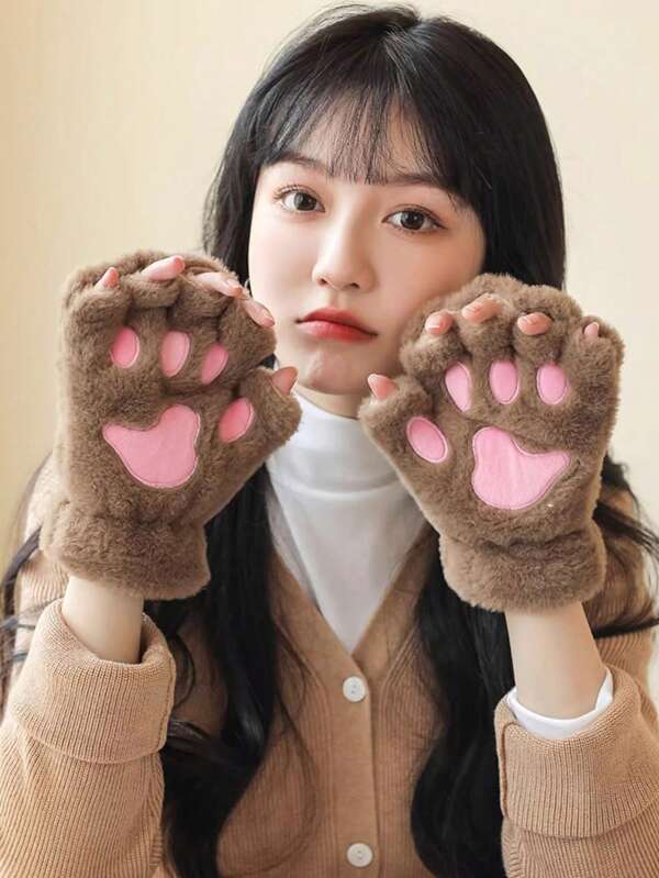 1 par de guantes sin dedos con diseño de garras de gato, gruesos, cálidos y resistentes al frío, guantes de peluche adecuados para uso diario por niñas en invierno, con cordón