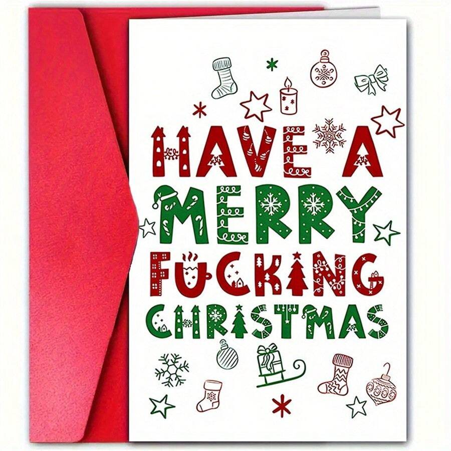 1 PIEZA Tarjeta de Felicitación Navideña Humorística con Sobre - Deseos festivos de vacaciones inclusivos para cualquiera, Saludos de temporada lúdicos con íconos festivos, Expresión única de Feliz Año Nuevo y Alegría Navideña